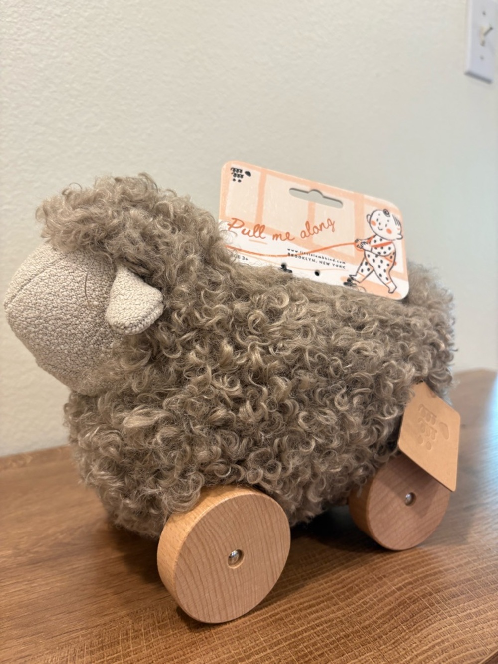 Plush Curly Sheep Pull-Along Toy - Beige